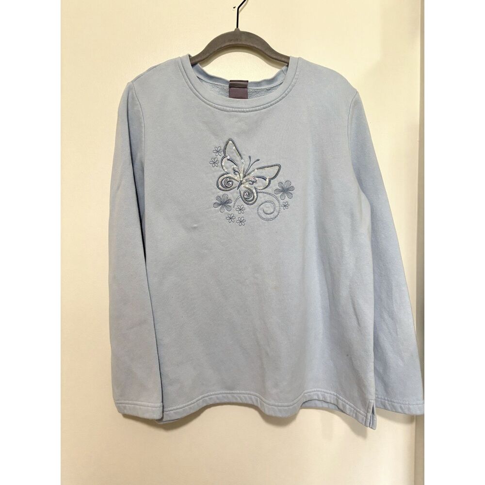 Laura Scott Butterfly Embroidered Top L Blue Cottagecore Floral Y2K Whimsical